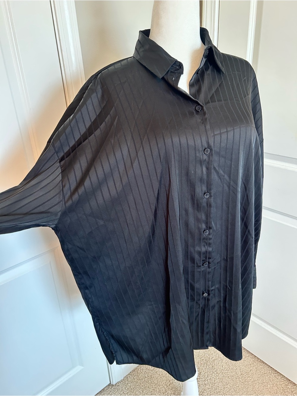 Zara Black Satin-Stripe Oversized Button Down Shirt